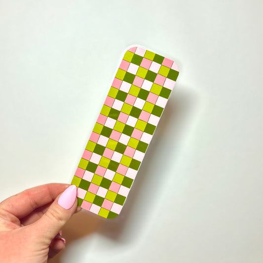 green and pink checkered bookmark!